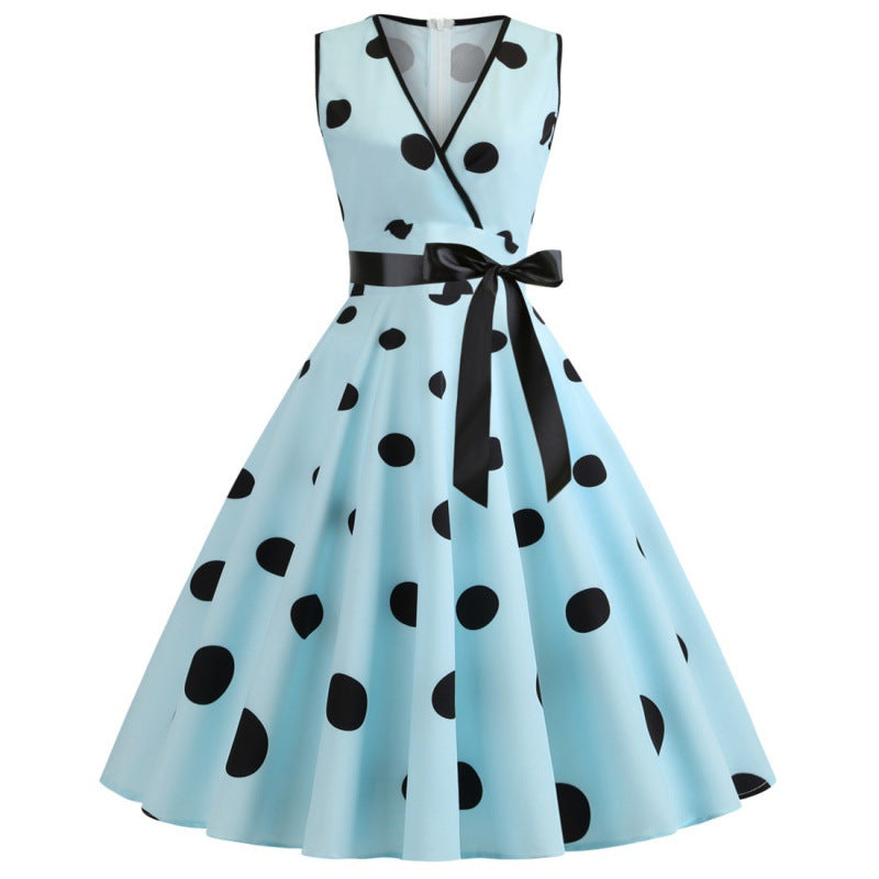 Women's Polka Dot Swing Dress | V-Neck Sleeveless Lace-Up Waist Midi Dress