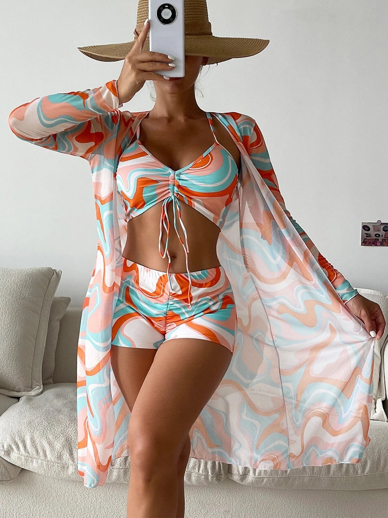 Women's 3-Piece Swimsuit Set – High Waist, Long Sleeve Cover-Up & Boy Shorts