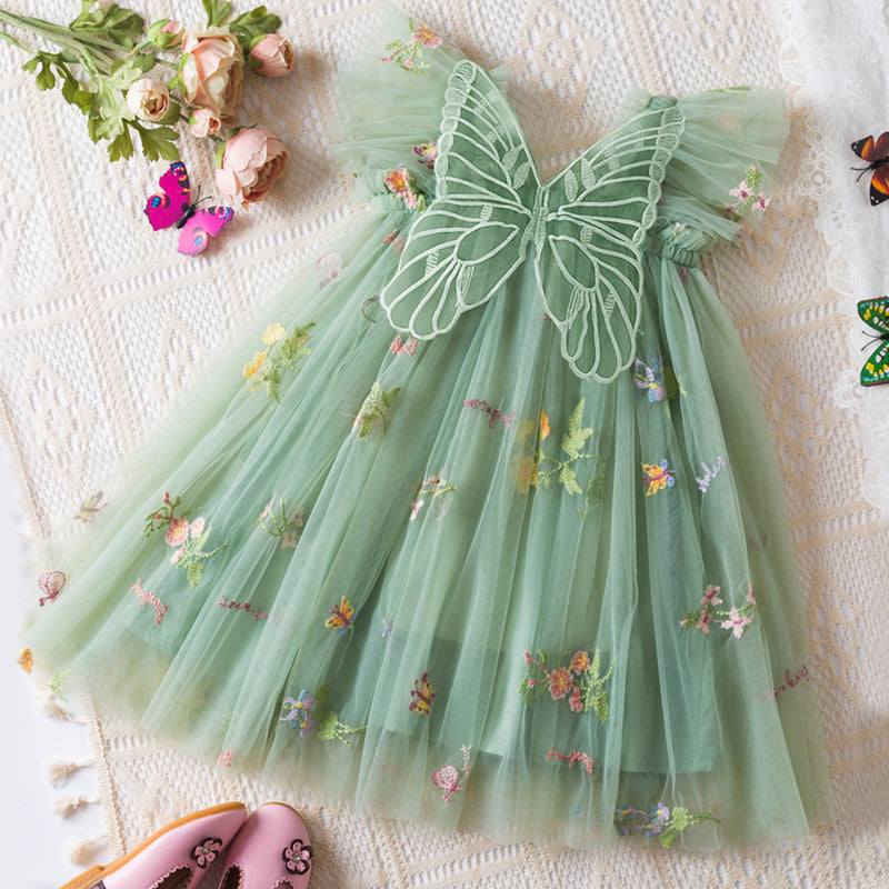 Girls' Korean Flower Embroidered Mesh Princess Dress