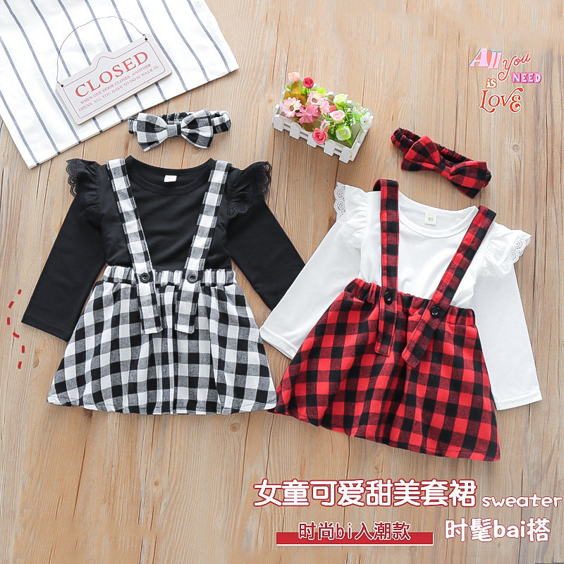 Girls' Check Sling Skirt & Lace T-Shirt Set