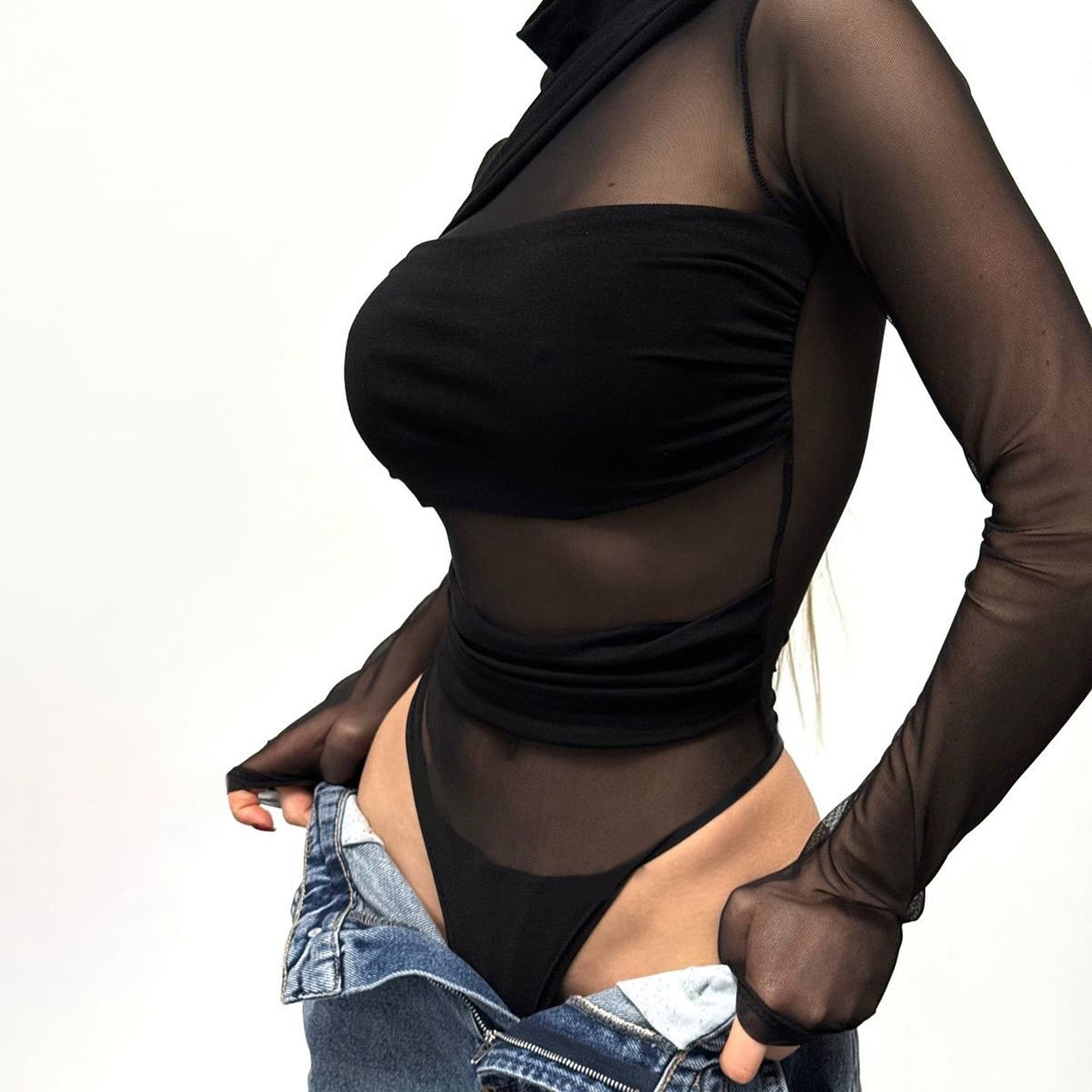 Women's Mesh See-Through Long Sleeve Bodysuit | Bandage Turtleneck Top