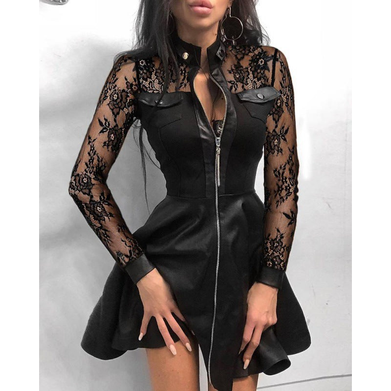 Women's PU Leather Long Sleeve V-Neck Zip Pocket Dress – 4 Styles, Sizes S–2XL
