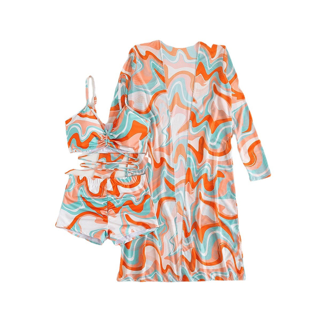 Women's 3-Piece Swimsuit Set – High Waist, Long Sleeve Cover-Up & Boy Shorts