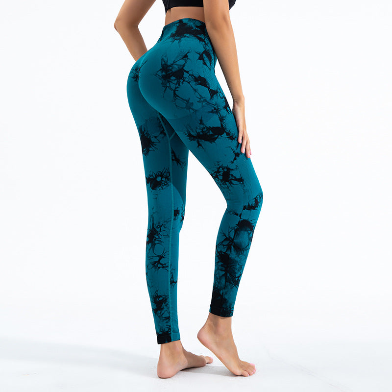 Seamless Peach Yoga Tight-Fit Shorts Women's Tie-Dye Tie-Floating Printed High Waist Hip-Lifting Sports Running Fitness Pants