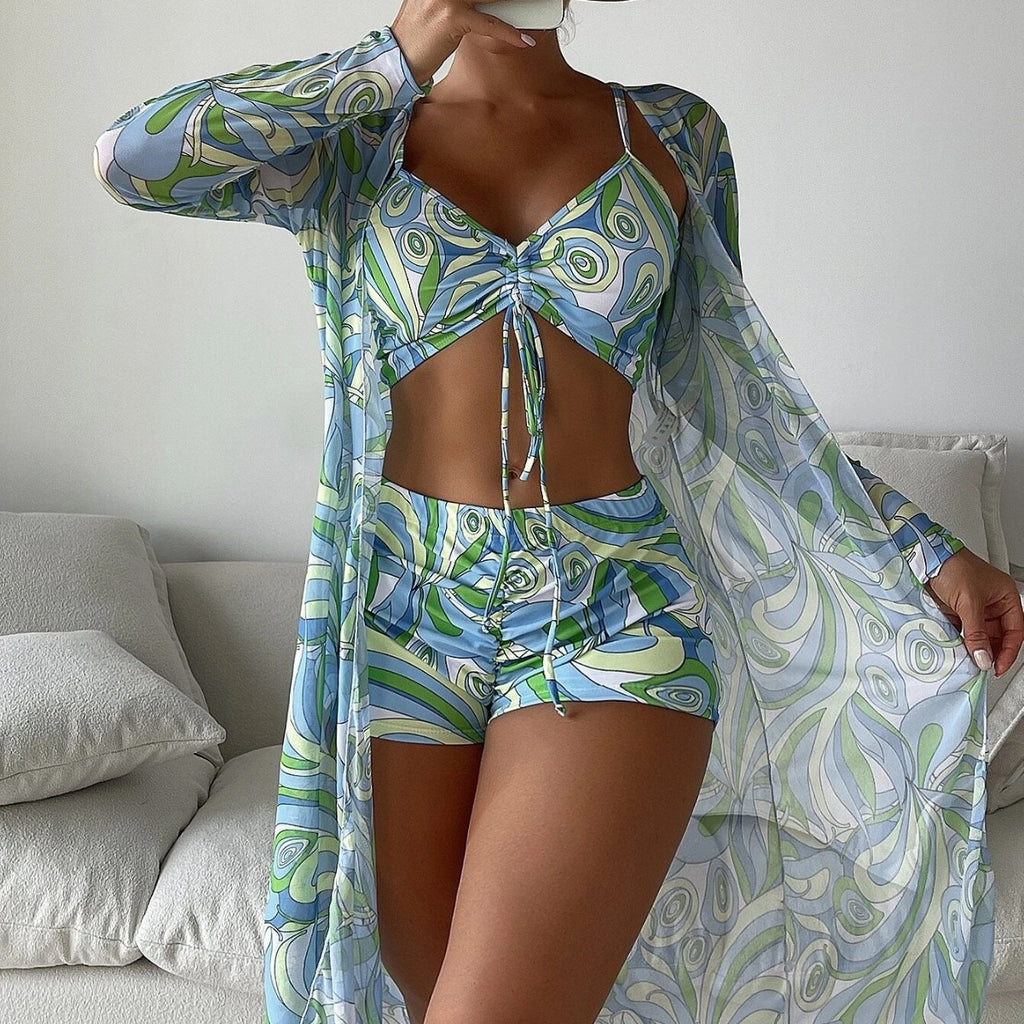 Women's 3-Piece Swimsuit Set – High Waist, Long Sleeve Cover-Up & Boy Shorts