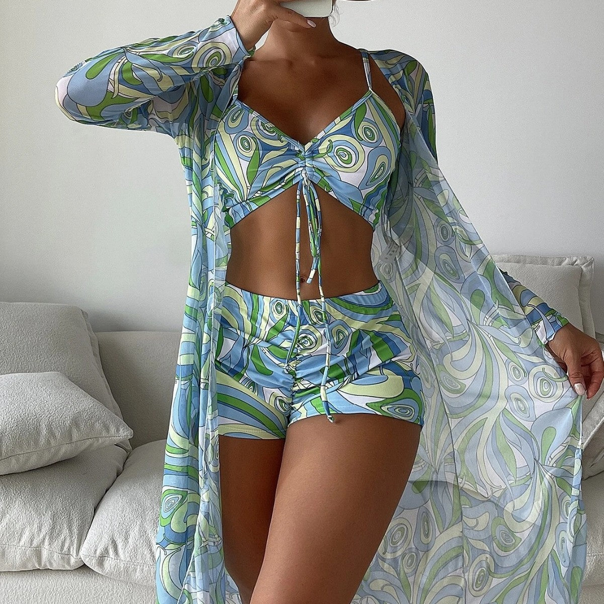 Women's 3-Piece Swimsuit Set – High Waist, Long Sleeve Cover-Up & Boy Shorts