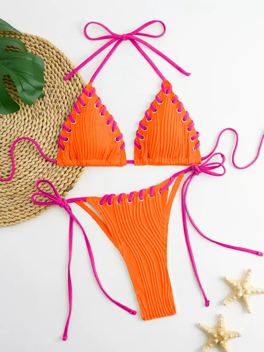 Women's Solid Color Strap Two-Piece Bikini Set