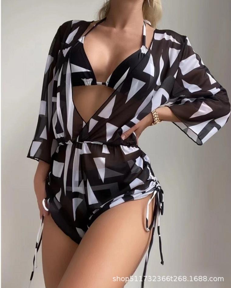 Bikini Three-Piece Set Tight Waist Lace-Up Long Sleeve Leaf Print Beach Conservative Swimsuit Sporty