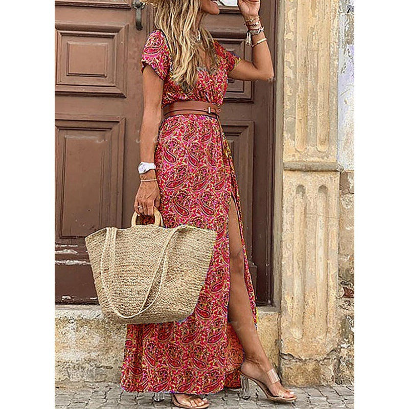 Women's Bohemian V-Neck Floral Midi Dress – 9 Colors, Sizes S–3XL