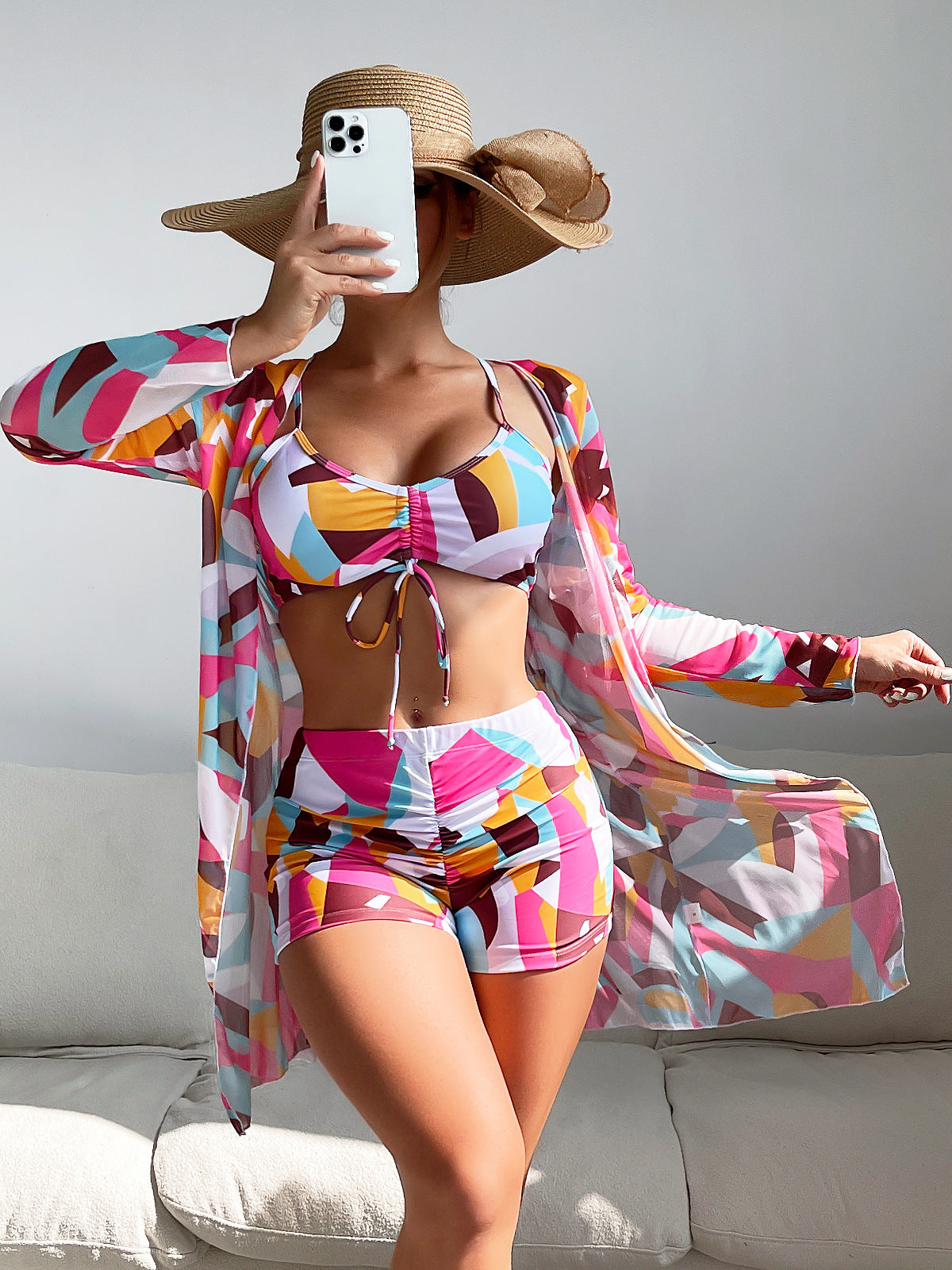 Women's 3-Piece Swimsuit Set – High Waist, Long Sleeve Cover-Up & Boy Shorts
