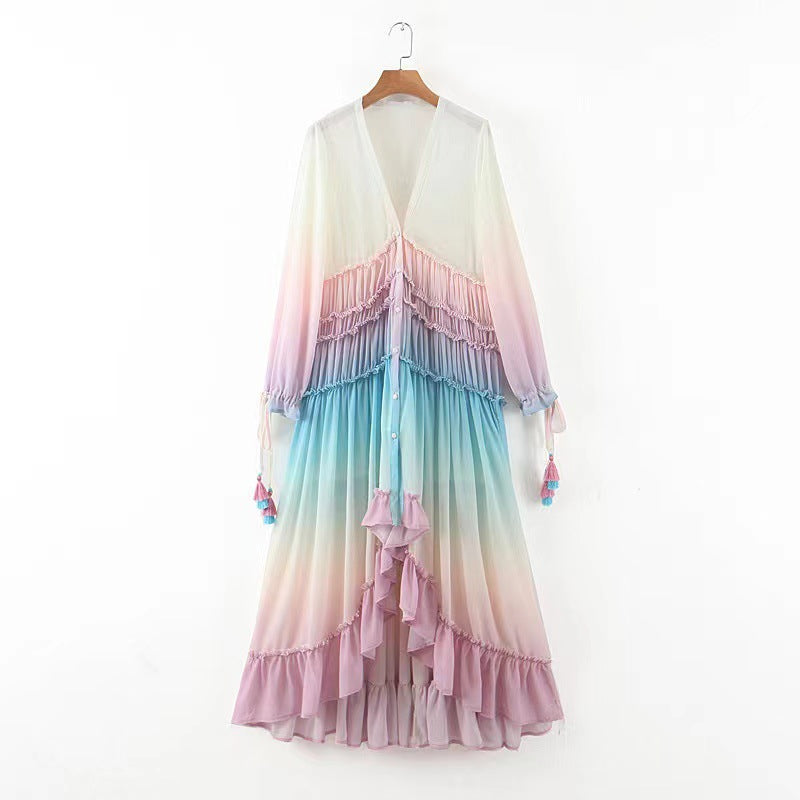 Women's Deep V-Neck Long Sleeve Gradient Print Dress – 3 Colors, Sizes S–XXL