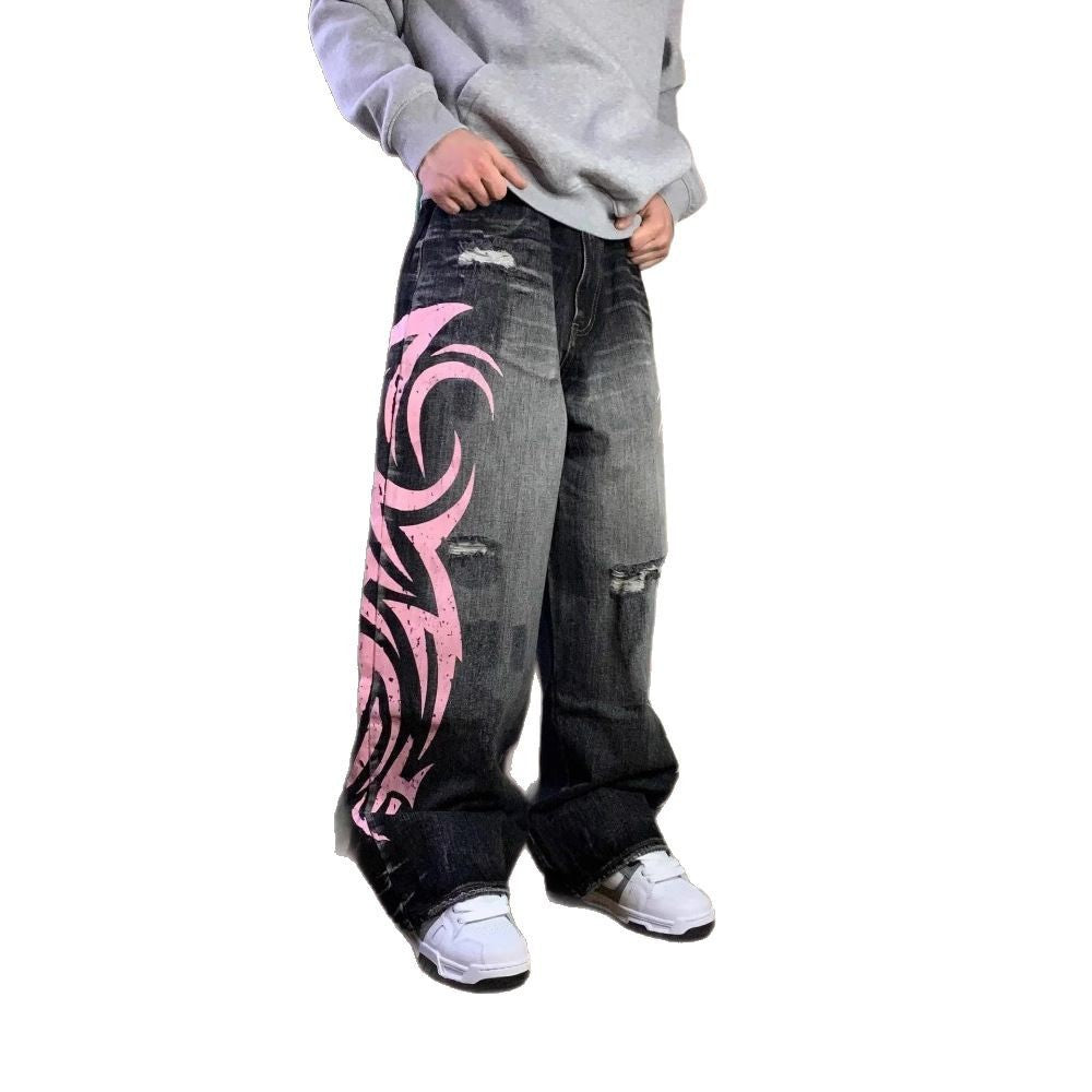 Women's Creative Pattern Printed Washed Ripped Wide Leg Jeans | Black & Blue, Sizes S–2XL
