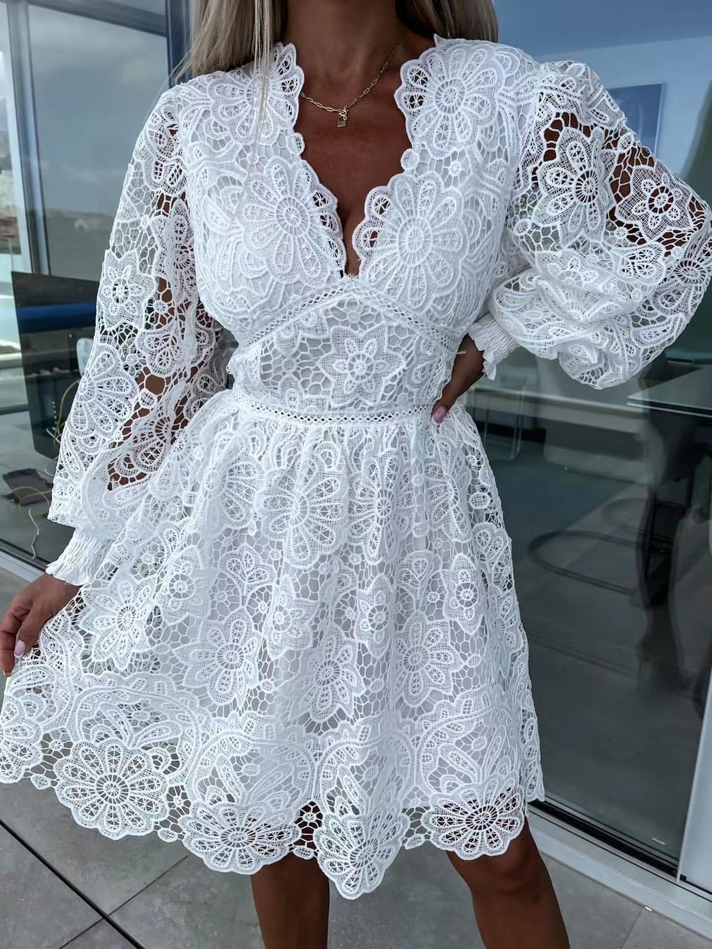 Women's Sexy Hollow Water-Soluble Lace Elegant Dress