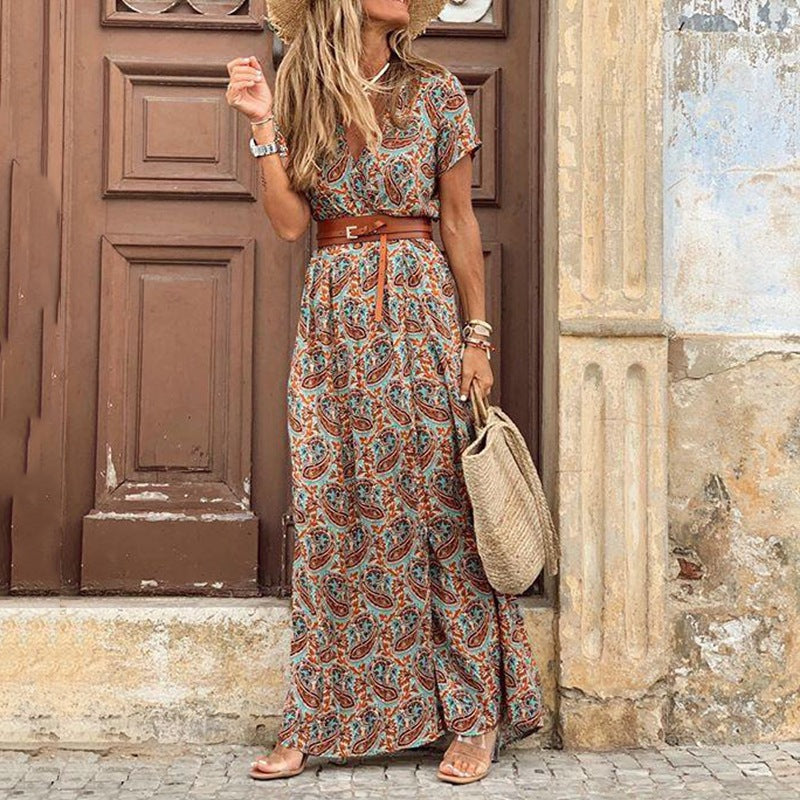 Women's Bohemian V-Neck Floral Midi Dress – 9 Colors, Sizes S–3XL