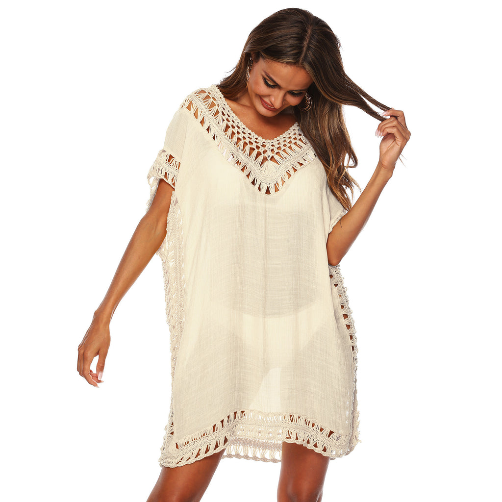 Women's V-Neck Hollow Crochet Beach Cover-Up Blouse