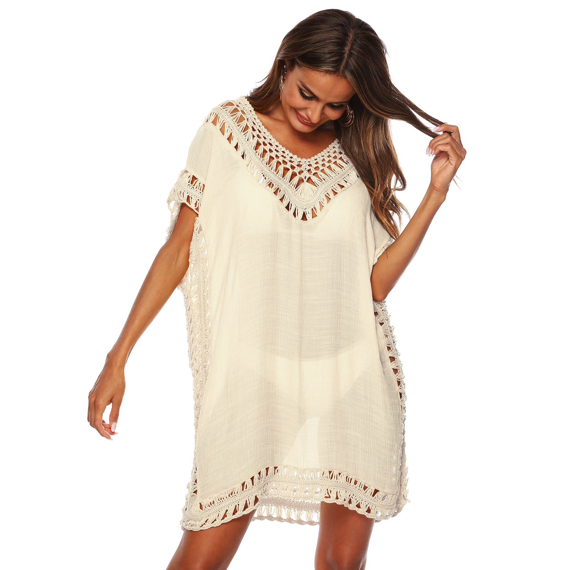 Women's V-Neck Hollow Crochet Beach Cover-Up Blouse