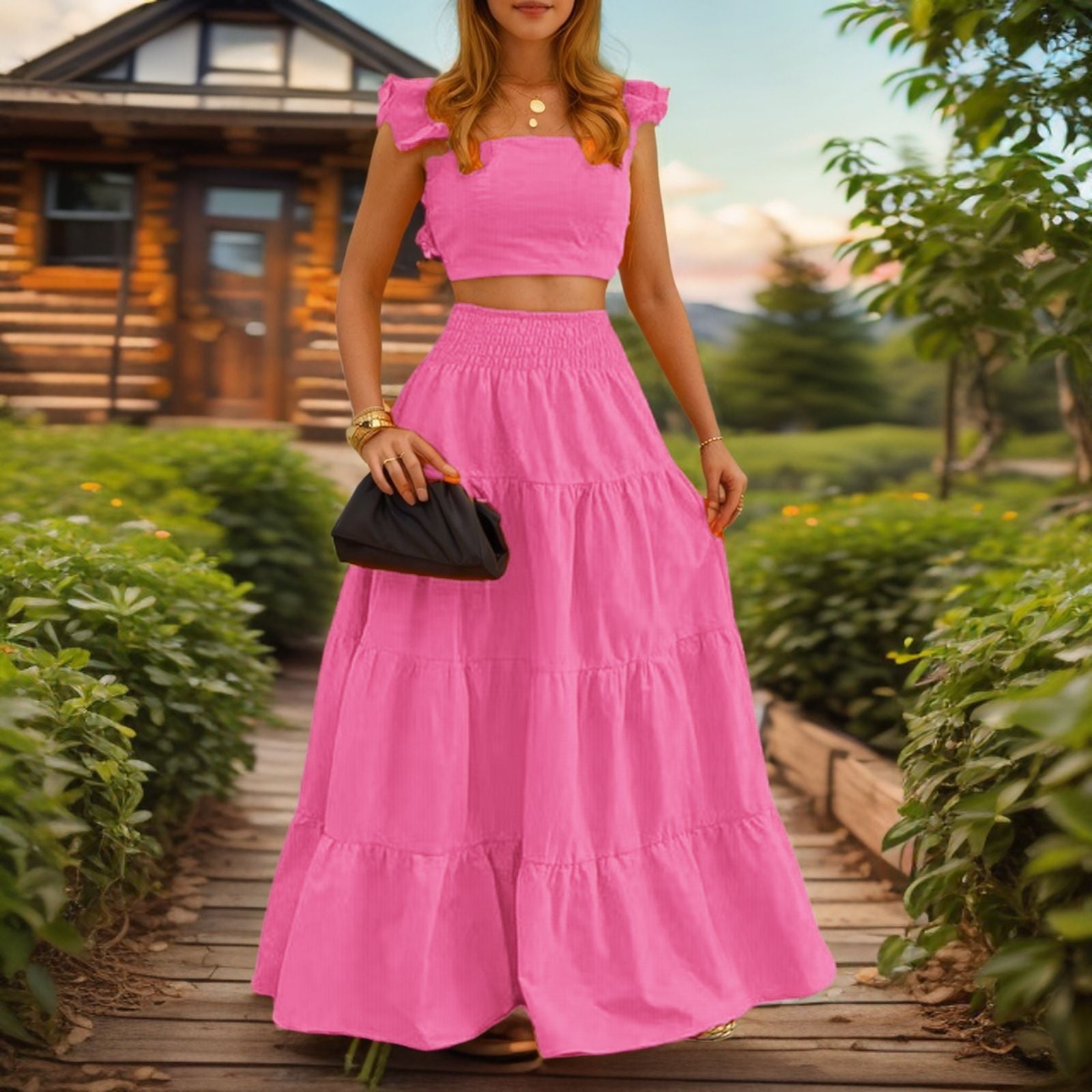 Women's Two-Piece Maxi Dress Set – Sling Top & Swing Skirt