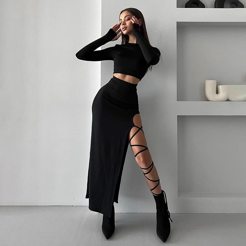 Women's Long Sleeve Crewneck Top & Slip Skirt Two-Piece Set | Slim Fit Autumn Outfit