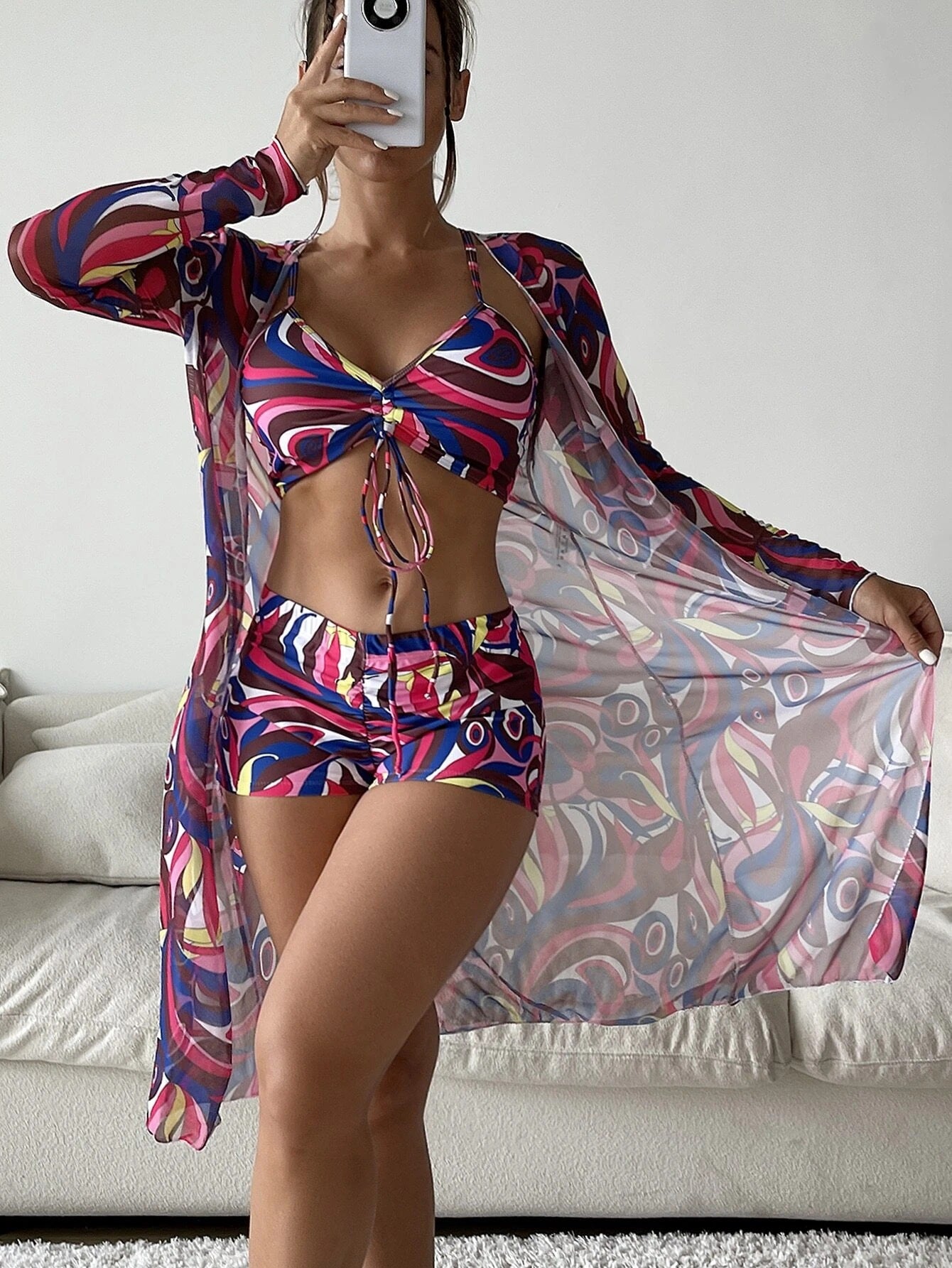 Women's 3-Piece Swimsuit Set – High Waist, Long Sleeve Cover-Up & Boy Shorts