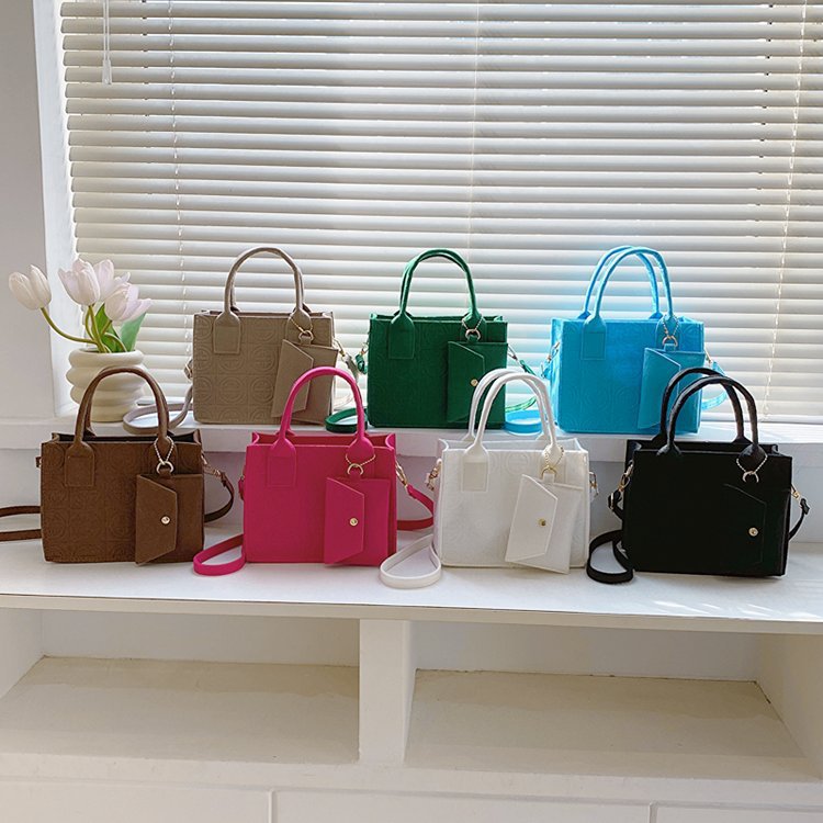Embossed Two-Piece Handbag Set – Solid Color Tote & Pouch