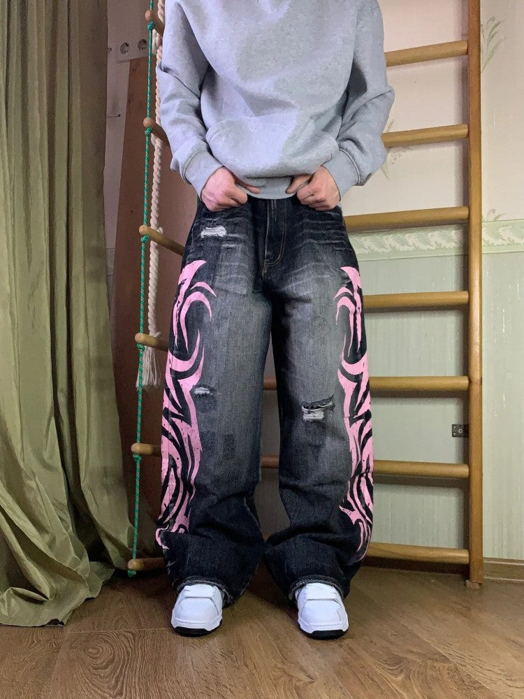 Women's Creative Pattern Printed Washed Ripped Wide Leg Jeans | Black & Blue, Sizes S–2XL