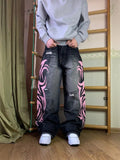 Women's Creative Pattern Printed Washed Ripped Wide Leg Jeans | Black & Blue, Sizes S–2XL