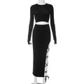 Women's Long Sleeve Crewneck Top & Slip Skirt Two-Piece Set | Slim Fit Autumn Outfit