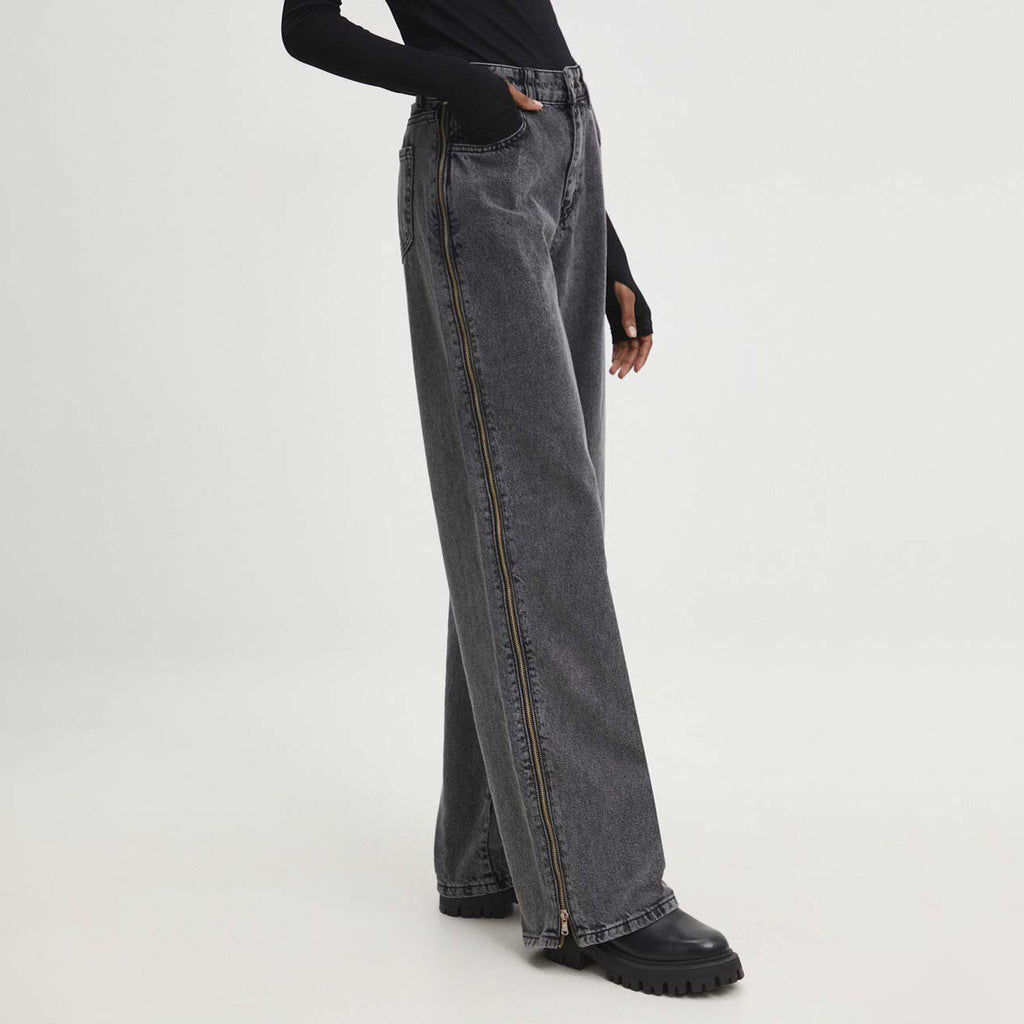 Women's High Waist Side Zipper Straight Leg Jeans | Grey Loose Fit