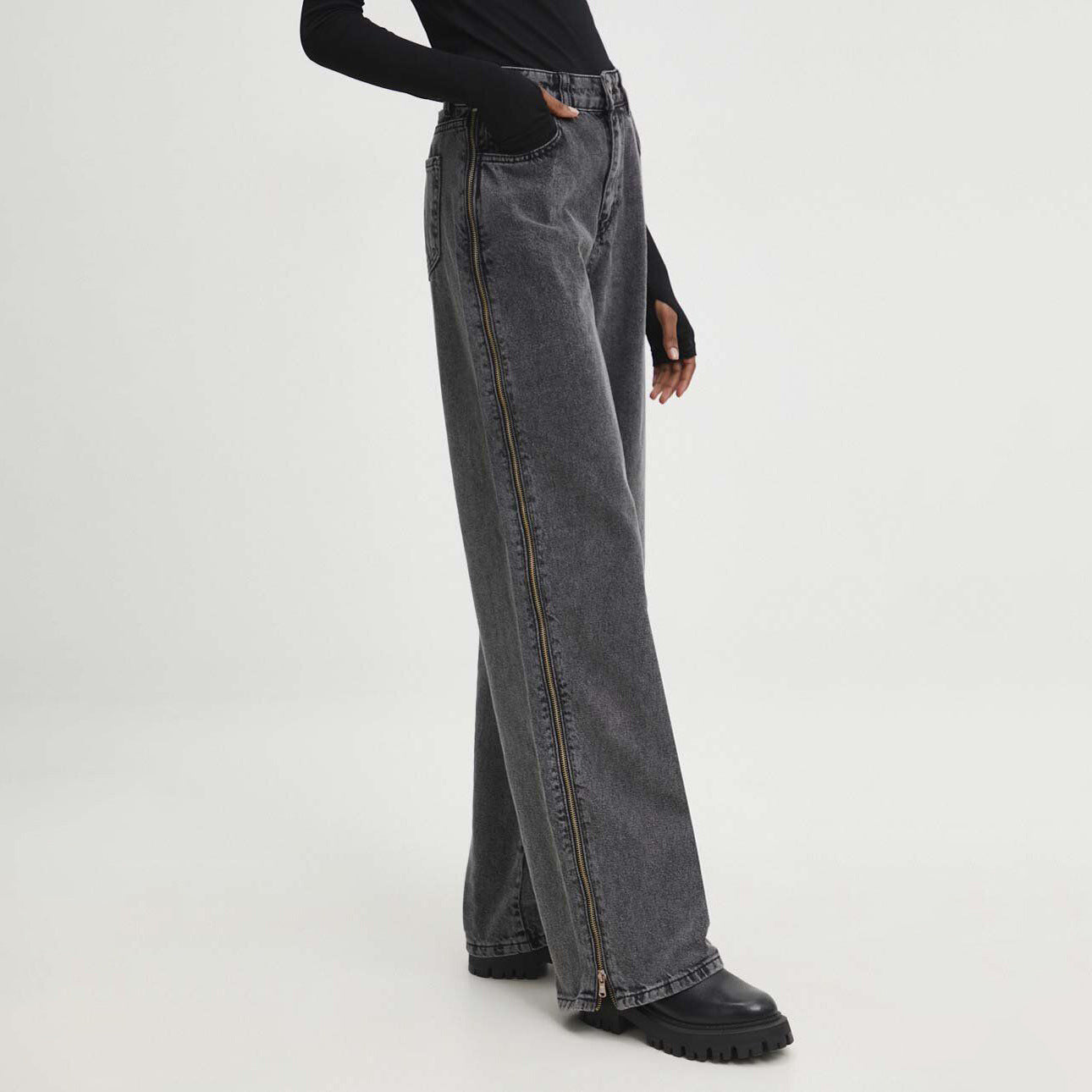 Women's High Waist Side Zipper Straight Leg Jeans | Grey Loose Fit