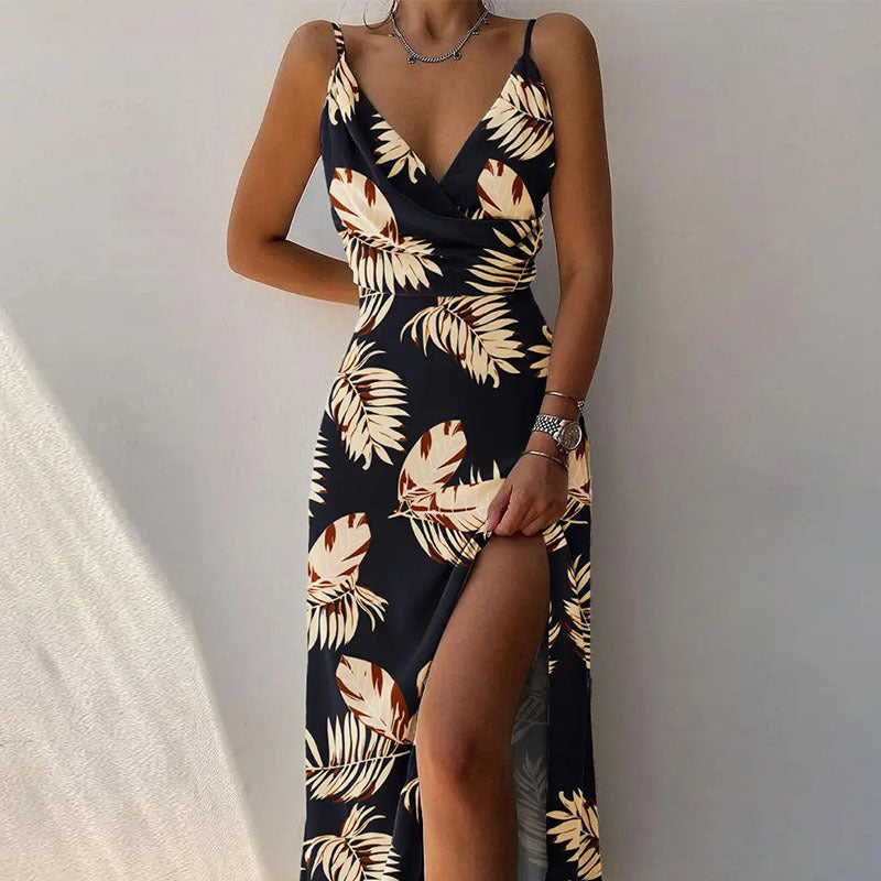 Women's V-Neck Sling Split Print Maxi Dress