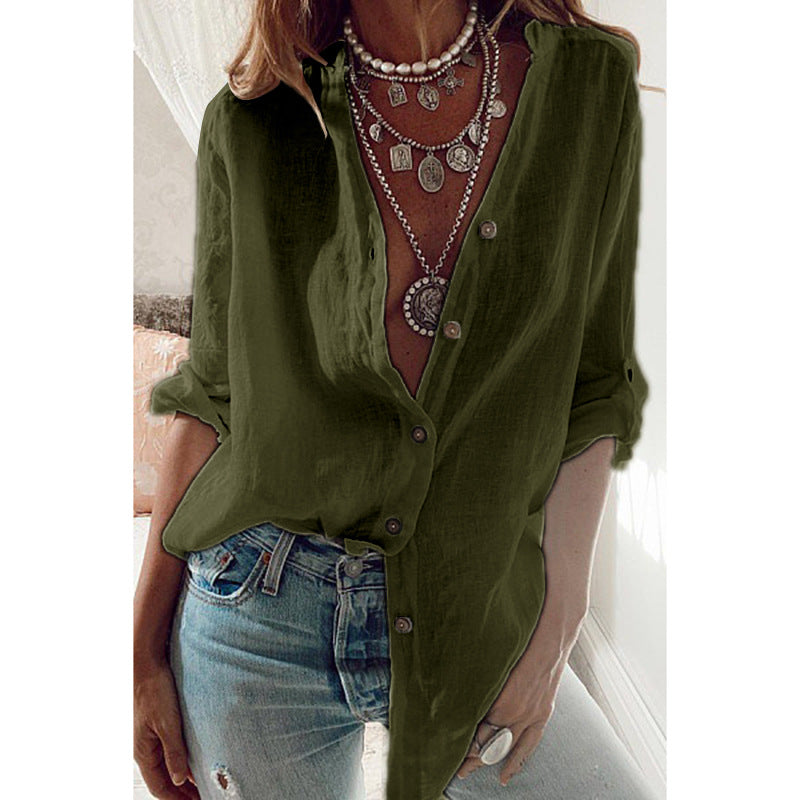 Women's Solid Cotton Loose V-Neck Long Sleeve Top | Casual Everyday Tee