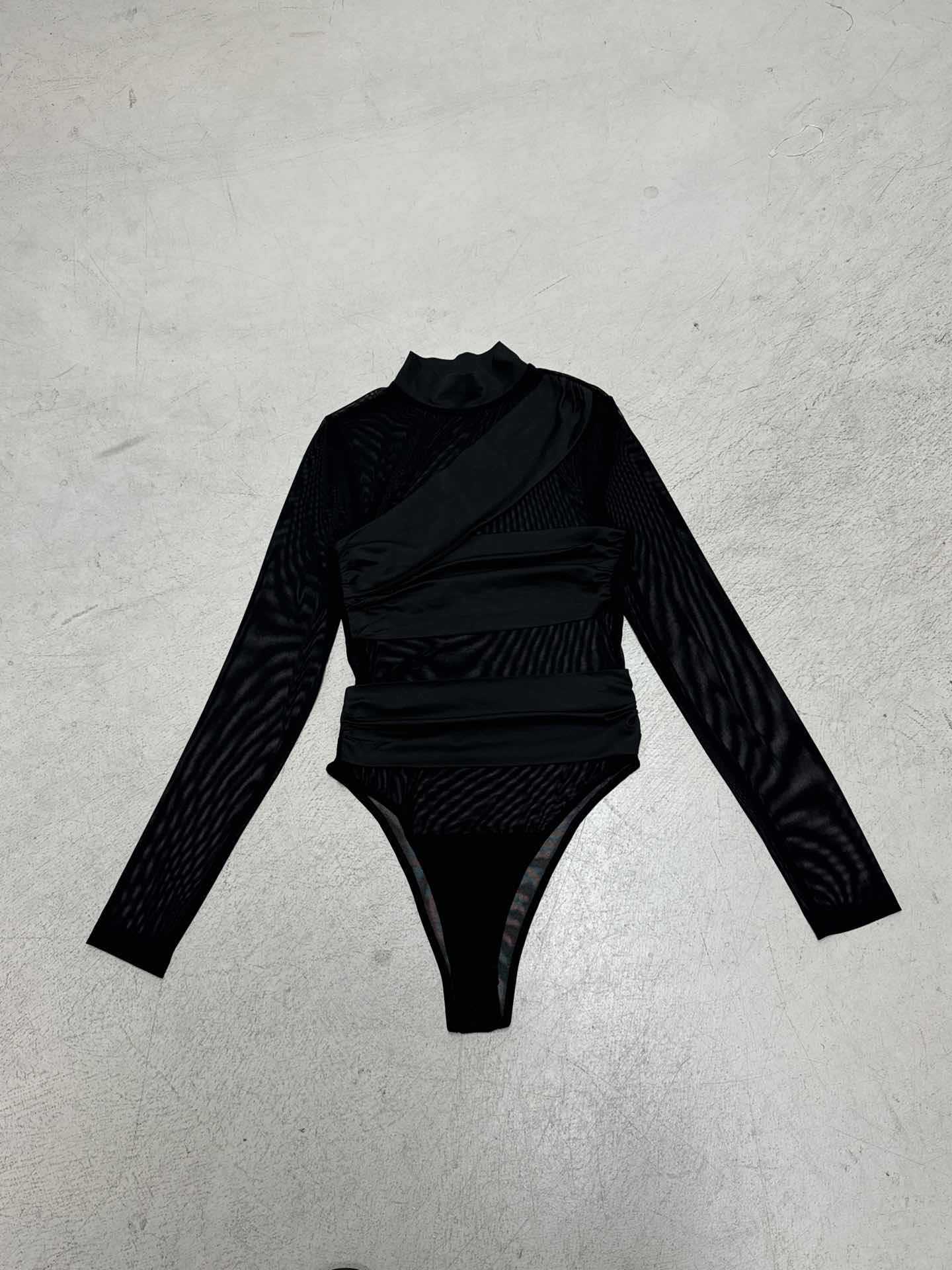 Women's Mesh See-Through Long Sleeve Bodysuit | Bandage Turtleneck Top