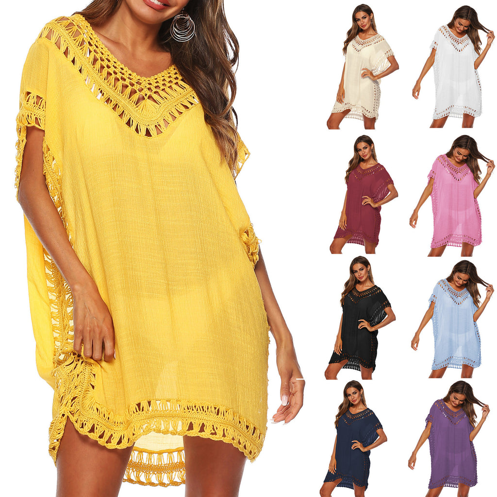 Women's V-Neck Hollow Crochet Beach Cover-Up Blouse