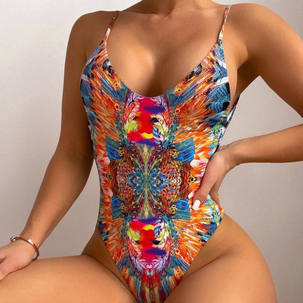 Printed Backless Halter One-Piece Swimsuit – Multicolor
