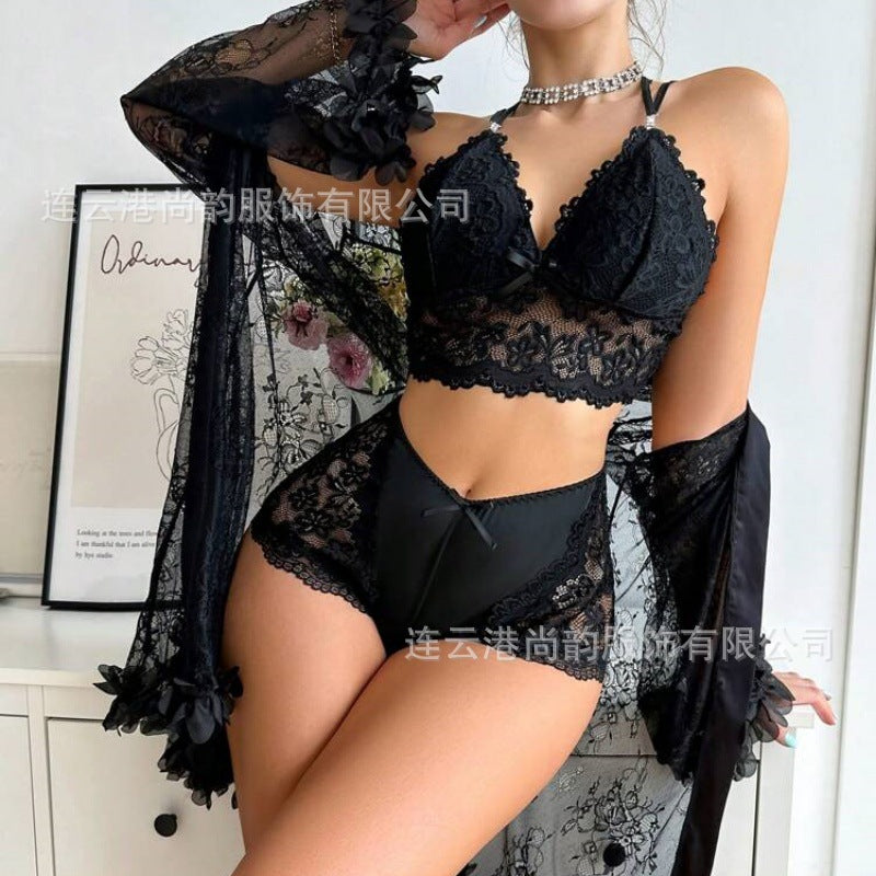 Women's French Lace Sling Pajama Three-Piece Set | 5 Colors, Sizes S–XL