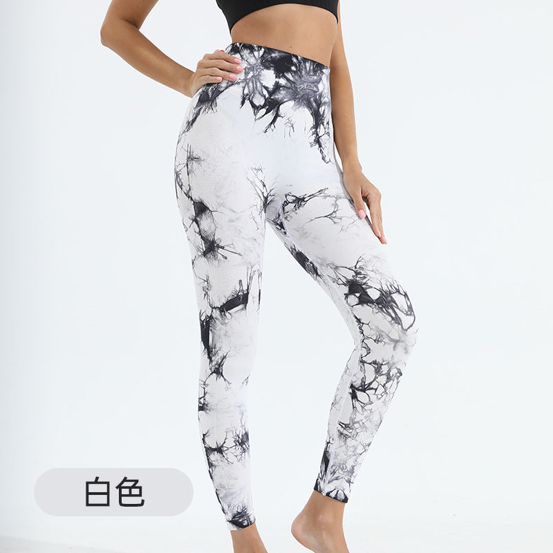 Seamless Peach Yoga Tight-Fit Shorts Women's Tie-Dye Tie-Floating Printed High Waist Hip-Lifting Sports Running Fitness Pants