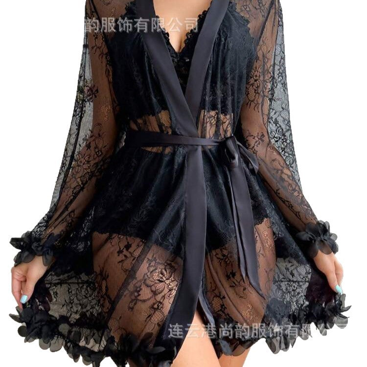 Women's French Lace Sling Pajama Three-Piece Set | 5 Colors, Sizes S–XL