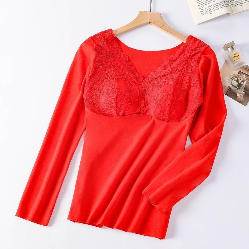 Women's Velvet Warm Lace Long Sleeve Top | Built-In Chest Pad