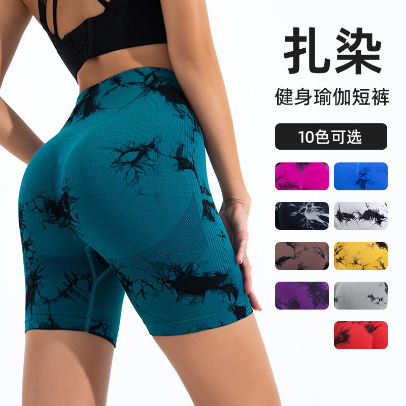 Women's Seamless High-Waist Yoga Shorts – Tie-Dye Print, Hip-Lifting, 10 Colors