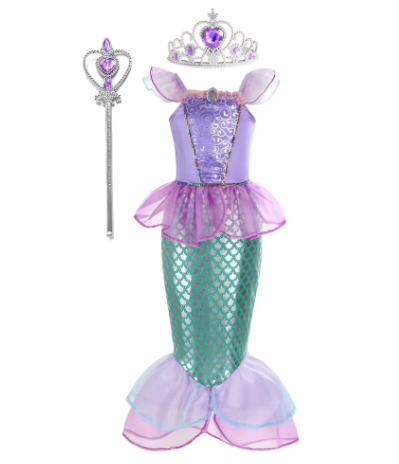 Girls' Purple Mermaid Fishtail Dress with Crown & Magic Wand Set