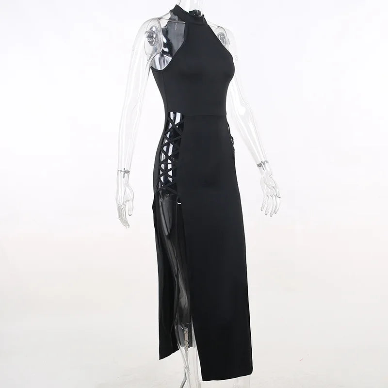 Halter High Split Black Dress