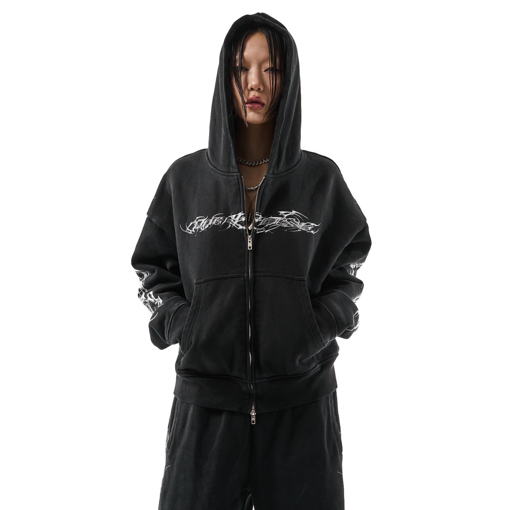 TRIBAMETAL Print Zip Up Hoodie