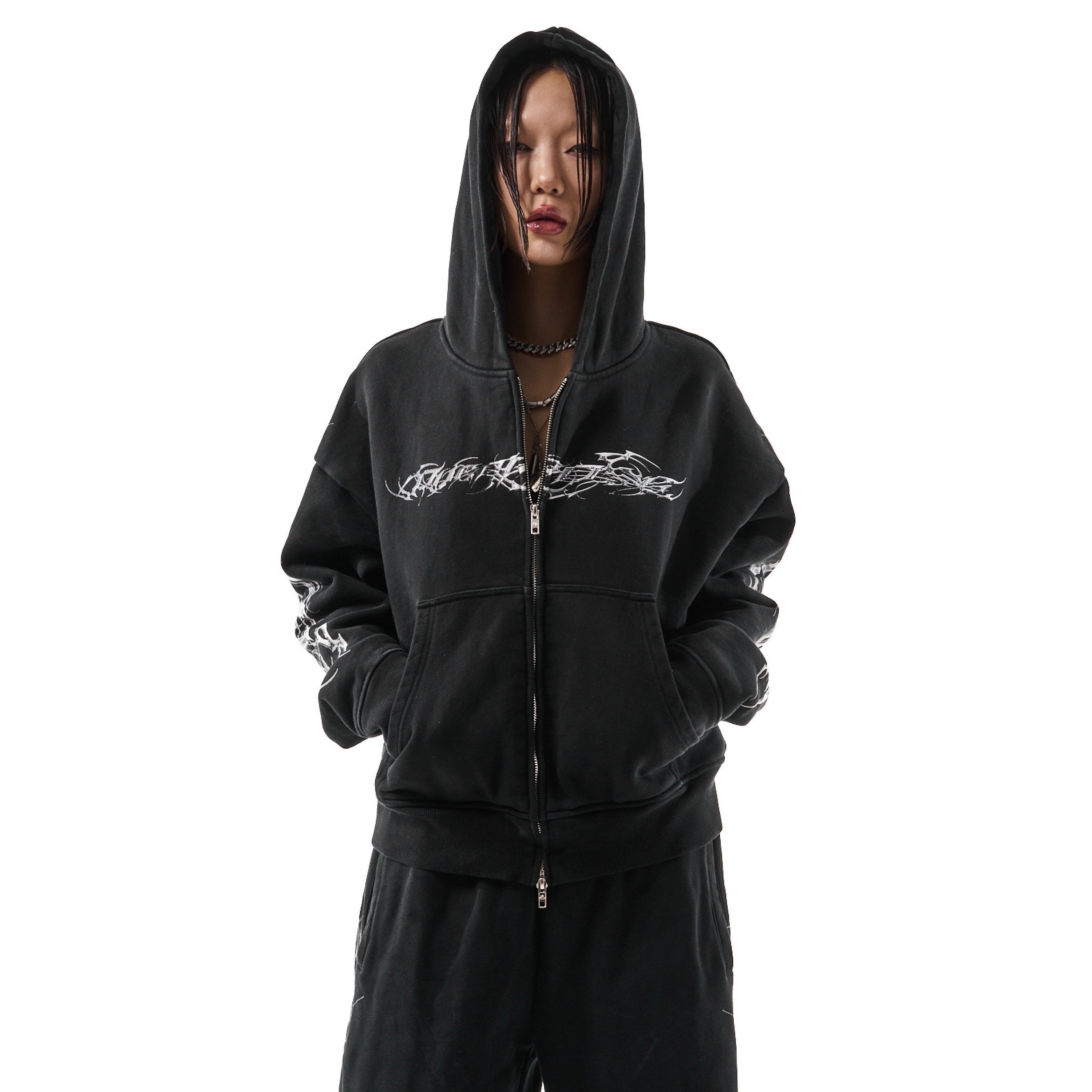 TRIBAMETAL Print Zip Up Hoodie