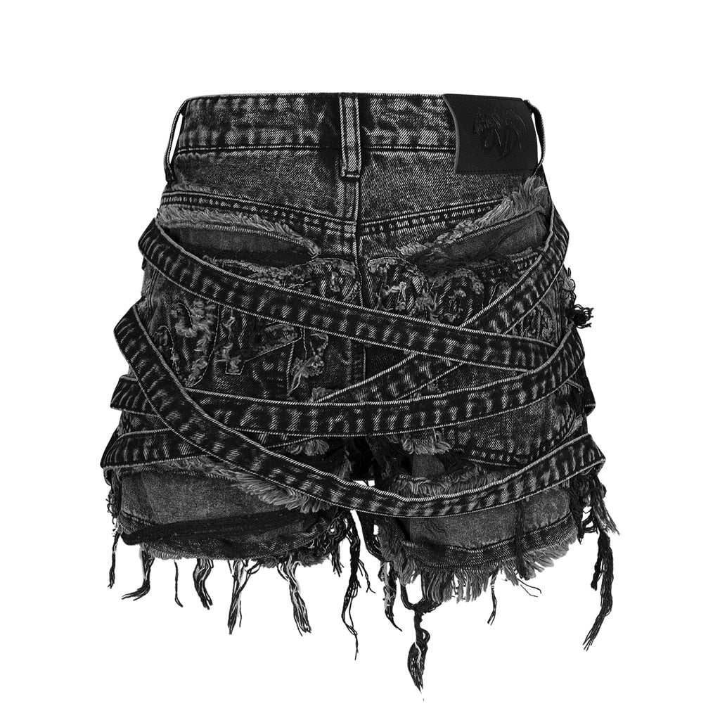 VENIM Destroyed Denim Mini Shorts - Washed Onyx