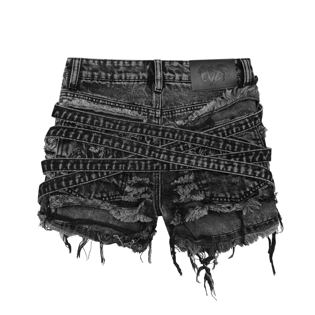 VENIM Destroyed Denim Mini Shorts - Washed Onyx