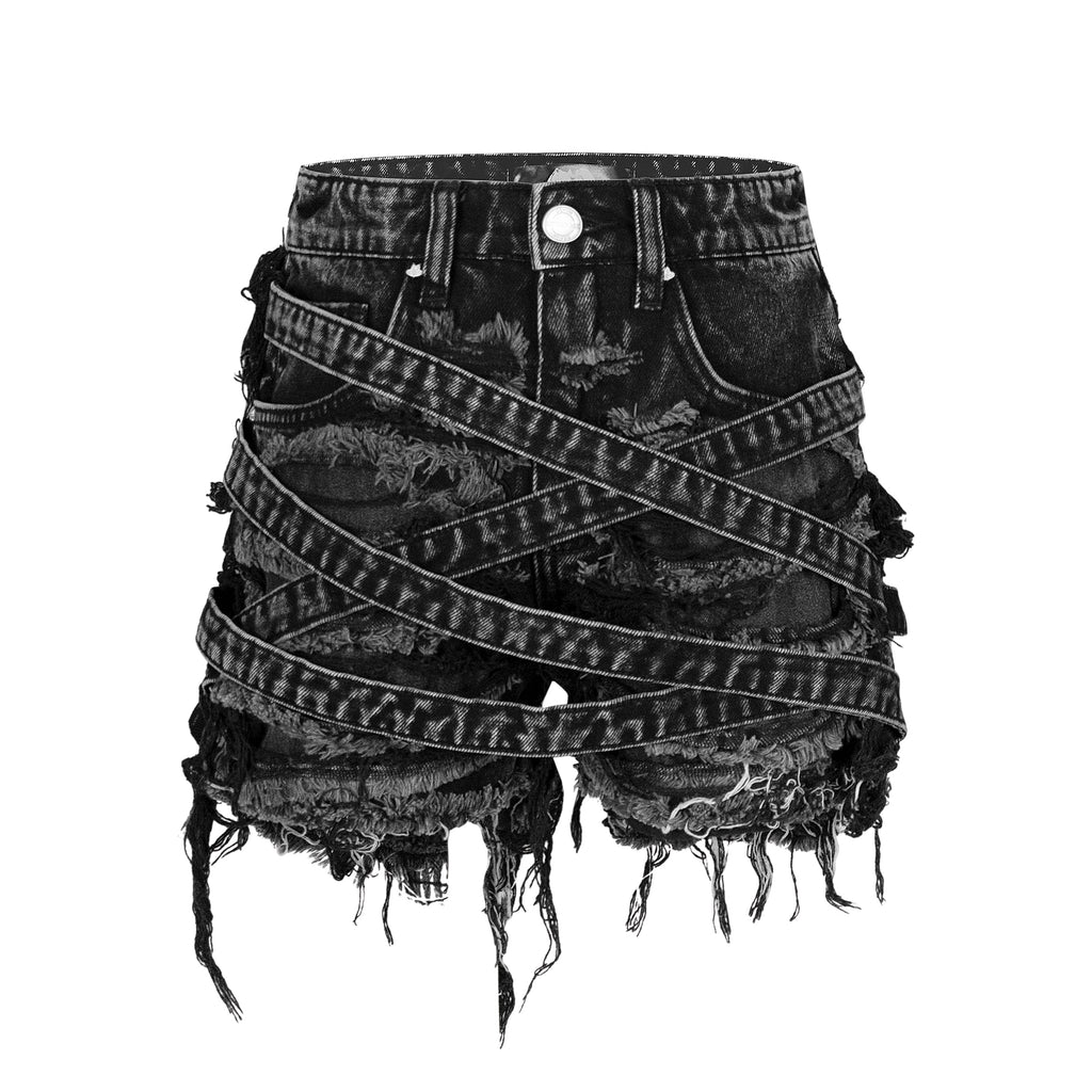 VENIM Destroyed Denim Mini Shorts - Washed Onyx