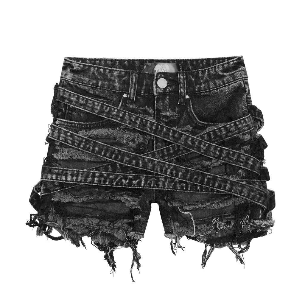 VENIM Destroyed Denim Mini Shorts - Washed Onyx