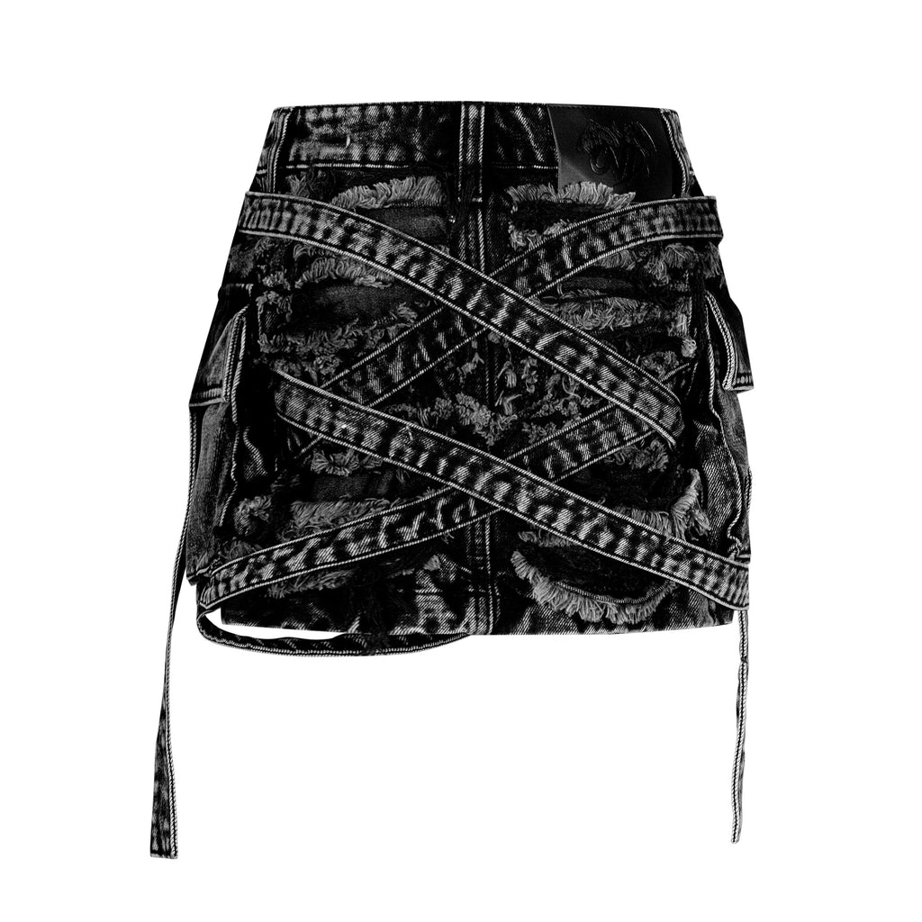 VENIM Destroyed Denim Mini Skirt - Washed Onyx