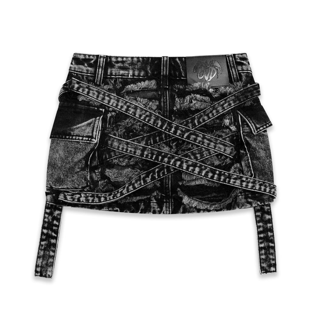 VENIM Destroyed Denim Mini Skirt - Washed Onyx