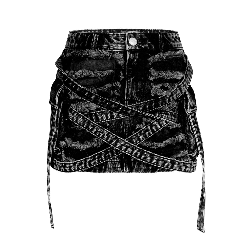 VENIM Destroyed Denim Mini Skirt - Washed Onyx